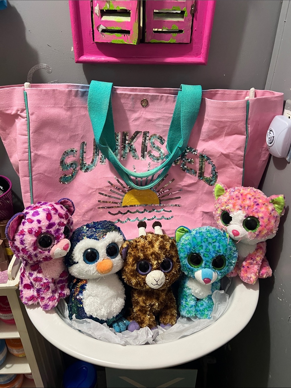 Simply Southern SUNKISSED Pink Tote with Teal Handles and Beanie Babies Bundle